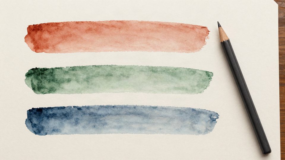 Three watercolour brush strokes drying on heavy paper beside a pencil.